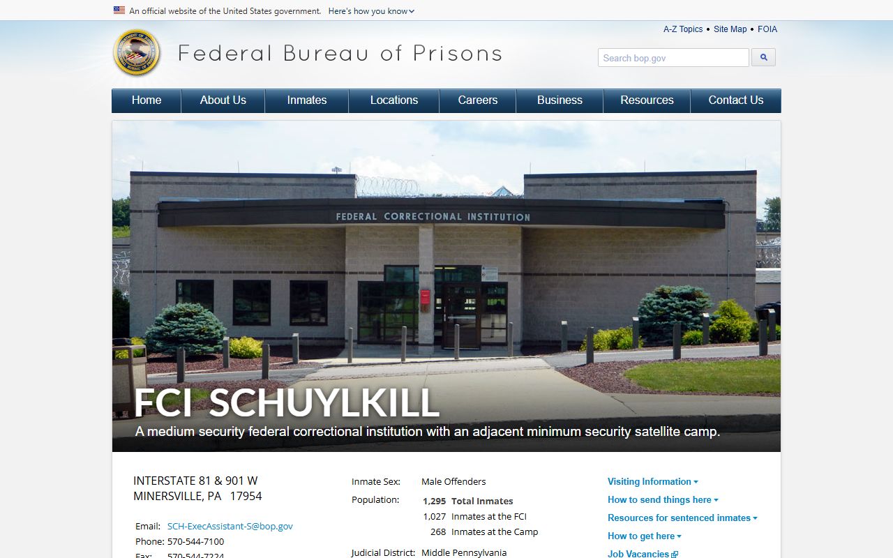 FCI Schuylkill federal inmate lookup and Bureau of Prisons facility page