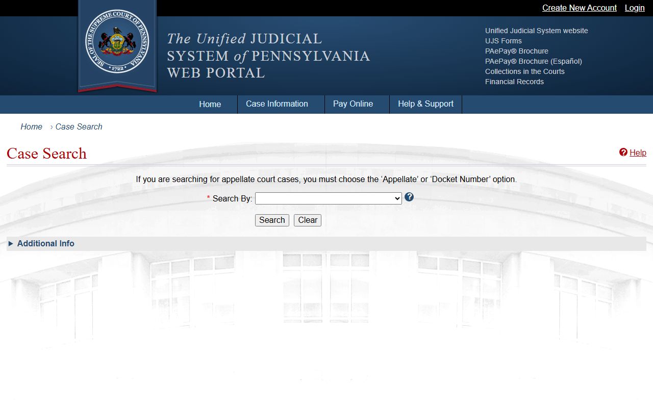 Pennsylvania UJS Case Search form with Schuylkill County search options