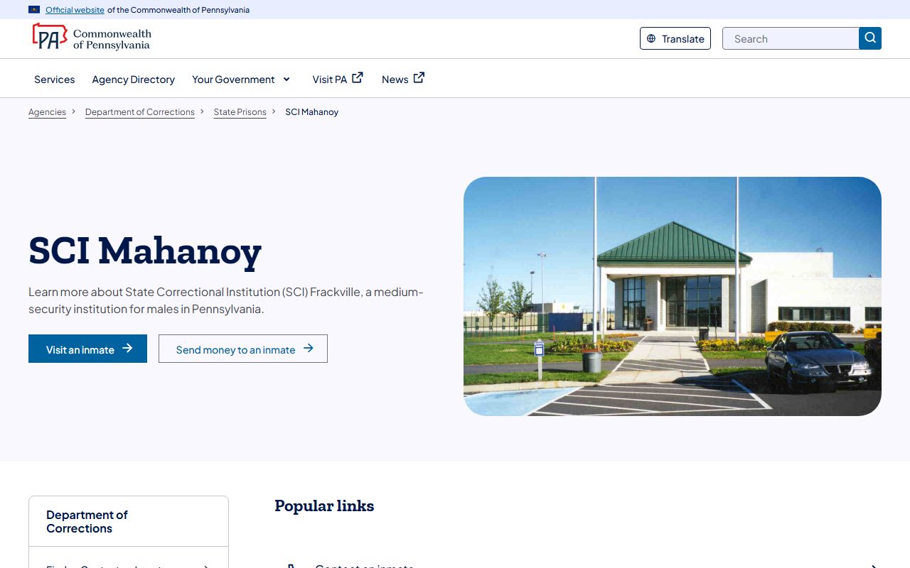 SCI Mahanoy inmate roster search and Pennsylvania state prison facility page